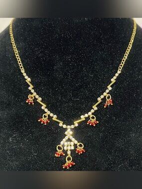 Vintage Gold Tone Necklace with Red Bead Accents